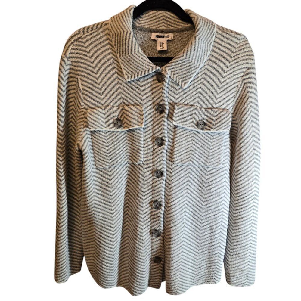 WILLIAM RAST SIZE MEDIUM GRAY WHITE BUTTON UP SWEATER CARDIGAN SOFT POCKETS
